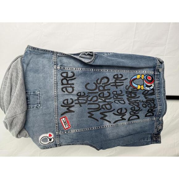 Victorious Jackets & Blazers - Women's Denim Vest with Gray Hood and Music-Themed Patches